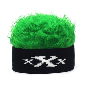 Funny green wig beanie with black knitted elastic band and white pattern for cosplay