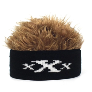 Funny knitted headband beanie with brown synthetic wig hair and white XXX embroidery