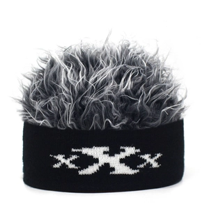 Funny knitted beanie with gray wig hair and white XXX embroidery on black band