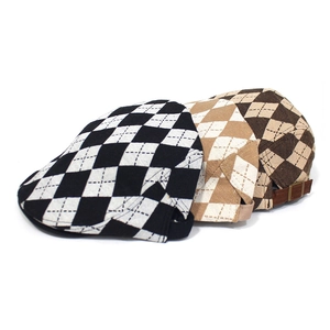British style checkered beret caps in black, beige and brown with adjustable side straps