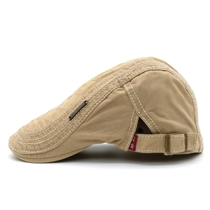 Khaki cotton men's flat cap with diamond quilting and adjustable metal buckle strap