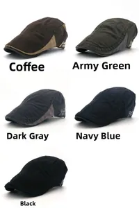 Classic cotton beret flat caps shown in brown, army green, dark grey, navy, and black