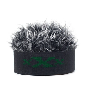 Macro shot of knitted headband featuring green XXX embroidery and grey faux hair detail