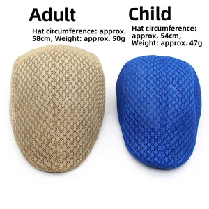 Mesh breathable beret caps in beige and royal blue with size comparison and specifications