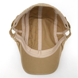 Men's khaki cotton beret hat featuring quilted interior lining and adjustable side buckles
