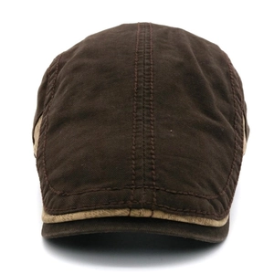 Classic dark brown cotton beret flat cap with khaki edge piping and stitched peak