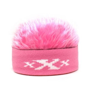 Detailed knit texture and fluffy pink faux fur design of the fun winter wig beanie