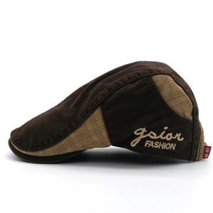 Vintage brown plaid patchwork cotton beret cap with side fashion embroidery for men