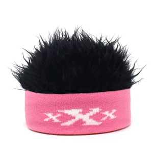 Close-up of pink knitted headband with black long-pile faux hair wig and XXX embroidery