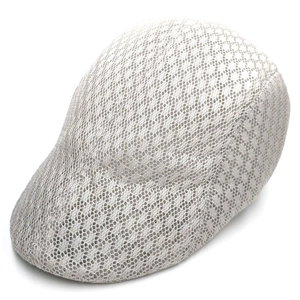 Close-up of light grey mesh flat cap showing breathable fabric texture for summer