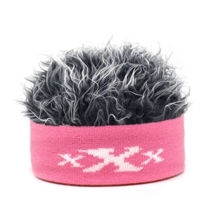 Close-up of pink knitted headband with thick grey curly synthetic wig hair and white pattern