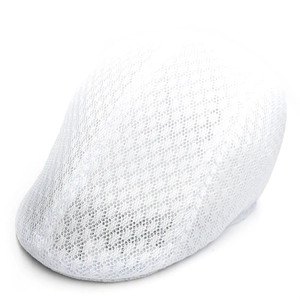 Close-up of white breathable mesh ivy cap with lightweight summer fabric texture