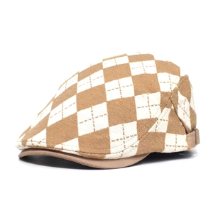 British style argyle ivy cap in coffee and beige featuring adjustable side straps