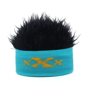Detail of blue knitted headband with yellow XXX pattern and black faux wig hair