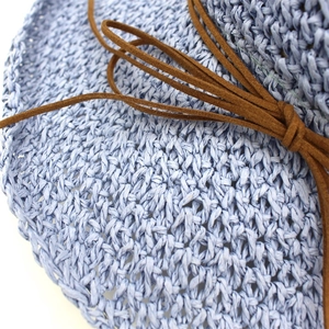 Light blue raffia sun hat for women with fine weave and decorative brown suede bow
