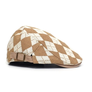 Detailed side view of brown argyle pattern beret with adjustable metal buckle strap