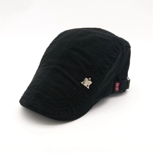 Classic black cotton beret cap for men with silver eagle metal logo and vintage style