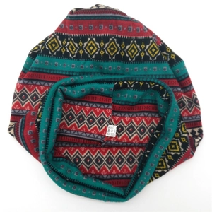 Knitted slouchy beanie with colorful Bohemian geometric patterns and polyester fabric