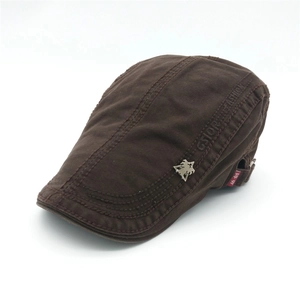Retro brown cotton flat cap for men featuring metal eagle badge and side embroidery