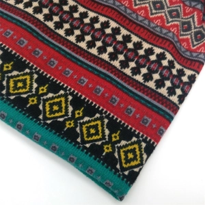 Winter knitted beanie scarf with colorful vintage geometric ethnic patterns and thick texture