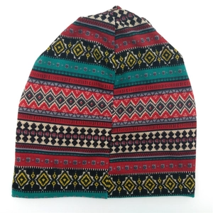 Winter knit beanie with colorful geometric patterns for men and women on white background