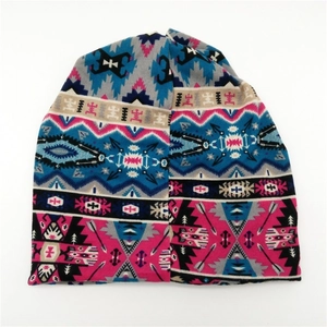 Women's vintage bohemian knitted beanie hat with colorful geometric ethnic patterns