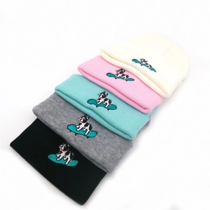 Women's knitted beanies in five colors featuring cute french bulldog embroidery