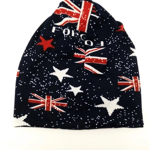 Donkerblauwe gebreide muts met Union Jack, rode sterren en stippen voor volwassenen