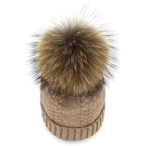 Women Winter Cable Knit Beanie Hat With Detachable Large Fur Pom Pom Warm Cotton Polyester Crochet Skull Cap For Outdoor