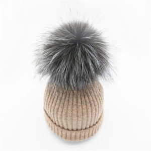 Damen Herbst Winter Strickmütze Mit Übergroßem Silberfuchsfell Bommel Baumwolle Polyester Rippenstrick Pullover Warme Mütze