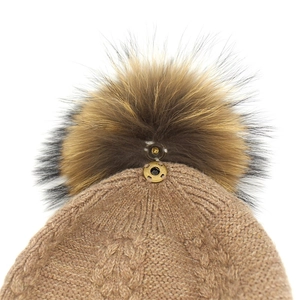 Knit beanie hat with 15cm raccoon fur pom pom and detachable snap button closure
