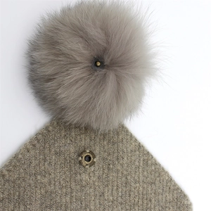 Winter wool scarf with detachable fox fur pompom and metal snap button detail
