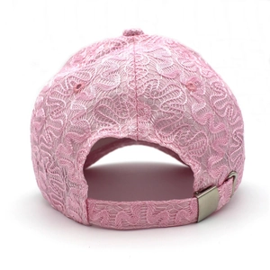 Pink lace baseball cap for women with floral crochet patterns and adjustable metal buckle