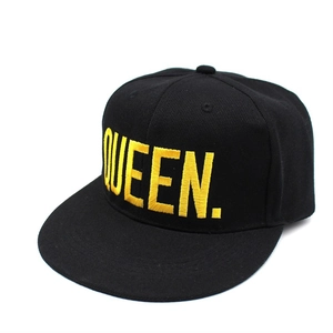 Black cotton baseball cap with yellow QUEEN embroidery and a flat brim for men and women