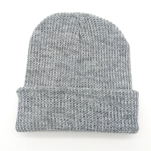 Unisex heather grey ribbed knit beanie hat with wide cuff for winter warmth
