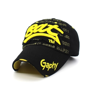 Detail of 3D BAC embroidery and street style yellow prints on black baseball cap