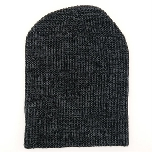 Unisex dark grey marl knitted beanie hat featuring vertical ribbed texture and elastic fit