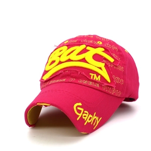 Pink cotton baseball cap with yellow 3D towel embroidery and distressed street style detail