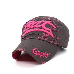 Distressed dark grey baseball cap with pink BAC embroidery and stylish ripped details