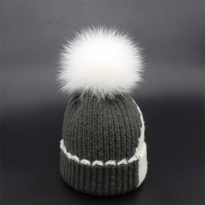 Detail of grey knit hat featuring white stitching and a large fluffy fur pompom