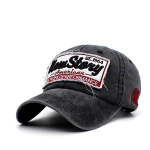 Washed dark grey cotton baseball cap with vintage patches and side embroidery 48