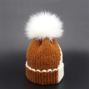 Winter Knitted Beanie Hat For Women Kids Parent-Child Contrast Color Warm Cap With Large Faux Fur Pom Pom