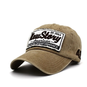 Vintage khaki washed cotton baseball cap with American style embroidery on front