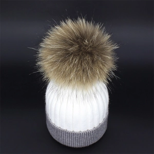 Women Winter Knit Beanie Hat With Large Fur Pom Pom Two Tone Ribbed Warm Cuffed Skull Cap For Outdoor Daily Fashion Wear