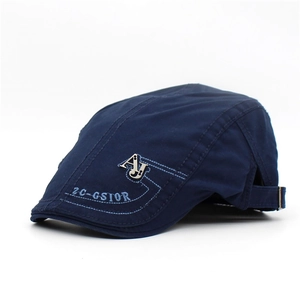 Béret classique bleu foncé pour homme avec broderie et boucle métallique réglable