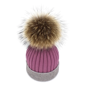 Winter two-tone cashmere knit beanie with large fluffy faux fur pompom for women
