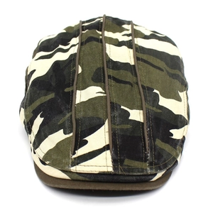 Classic camouflage flat cap for men and women featuring green and beige canvas patterns