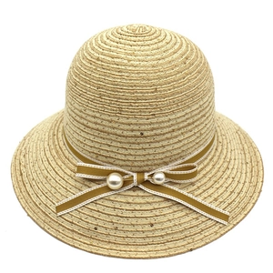 Women's straw sun hat with sequins, striped ribbon bow and white pearl accents
