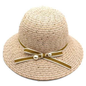 Women's straw sun hat in cream white with golden sequins and pearl ribbon bow