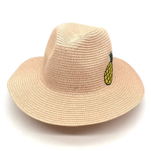 Chapeau de paille beige classique style Fedora avec broderie ananas pour vacances d'été